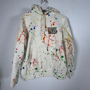 Teddy Fresh Womens XS Paint Splatter Hoodie White Multicolor Pullover Pockets